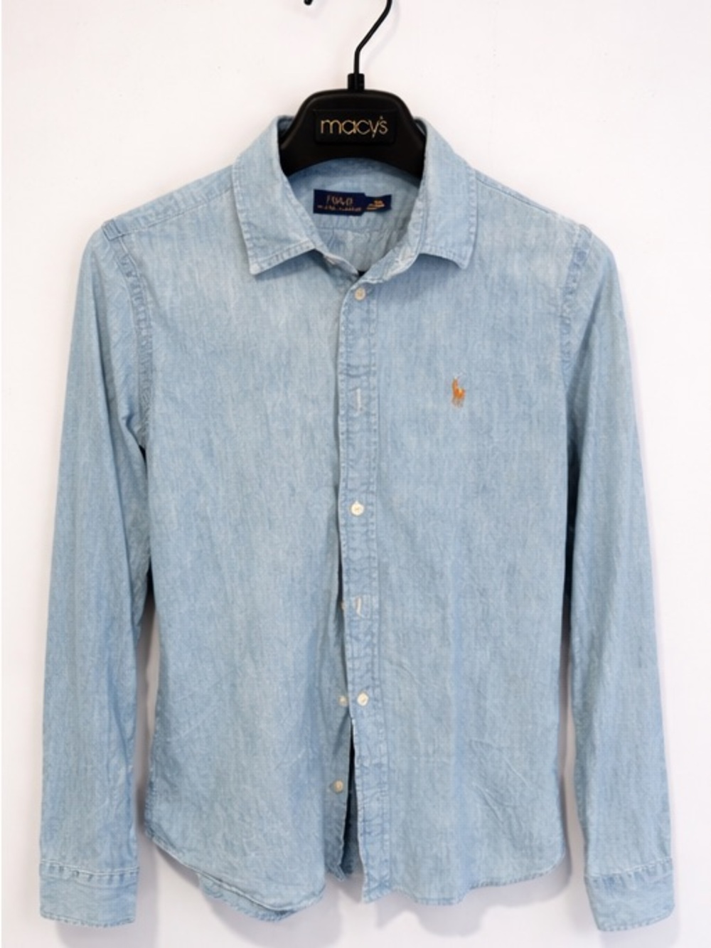 Ralph Lauren Light Blue Denim Button-Down Shirt with Tan Polo Logo